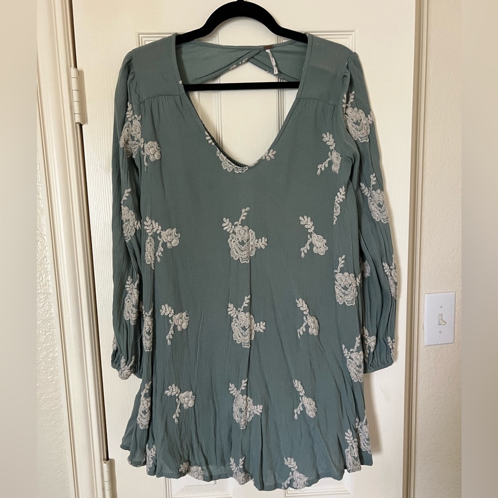 Free People Emma Floral Embroidered Dress in Misty Green